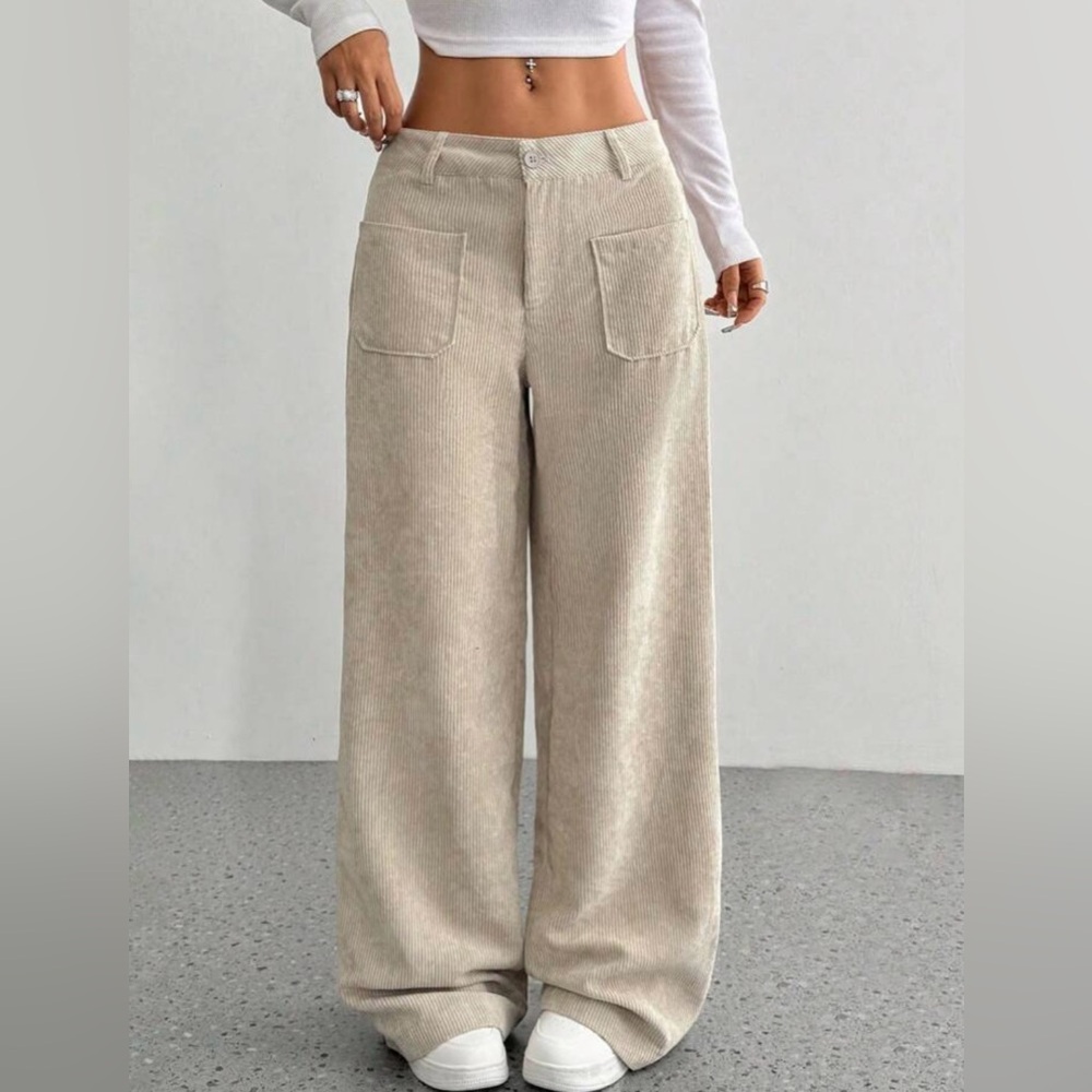 NWOT Flirla Corduroy Size 4 Tan Cream Straight Leg Casual Pants Plain Minimalist